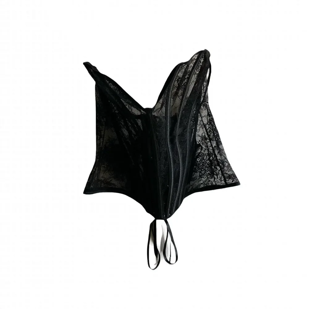 Fantasy Lingerie Lace Corset Size 2XL Black Sheer Mesh Bustier Lace Up Overbust